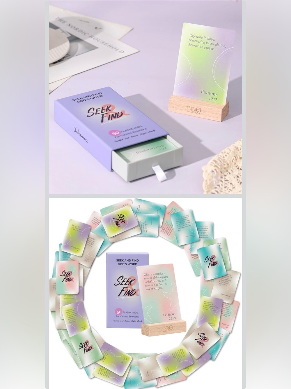 Bible Verse Cards 50 Scripture Prayer Cards with Wooden Stand, Inspirational NIB